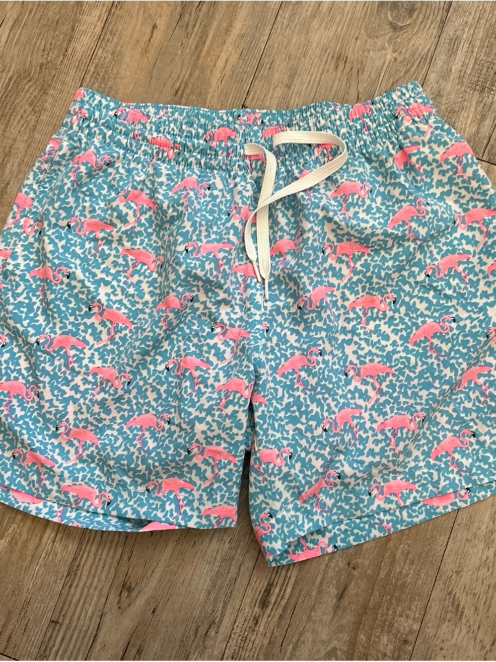chubbies Light Blue Swim Board Shorts with Pink Flamingo Print